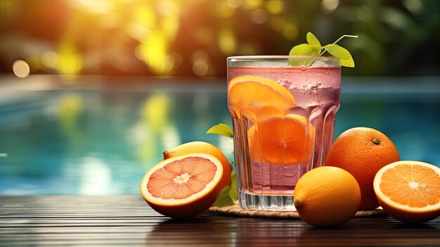 Suco de frutas em uma vista de fundo desfocada de uma piscina gerada pela IA