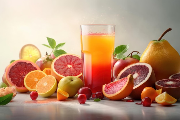 Suco de frutas frescas em fundo de luz incrível Bebida saudável rica em vitaminas Generative Ai