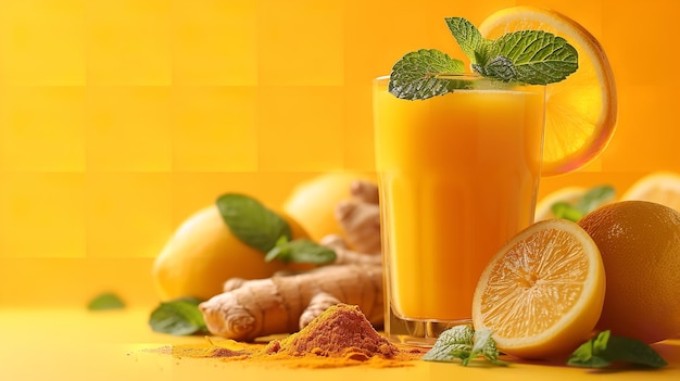 Suco de gengibre, limão e cúrcuma com pedaços em um cenário amarelo animado e espaço de IA generativa