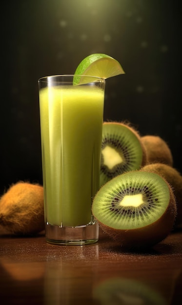 Suco de kiwi com salpicos de kiwi no restaurante de fundo de estúdio com jardim