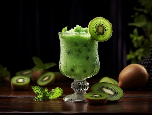 Suco de kiwi servido elegantemente genedado