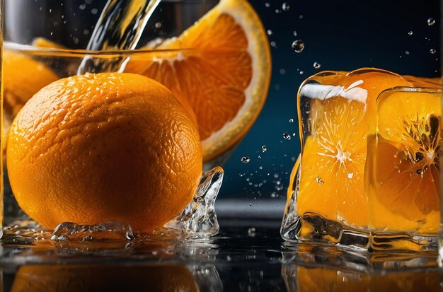 Suco de laranja a ser derramado sobre um cubo de gelo