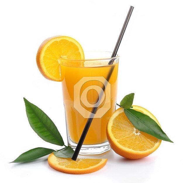 Foto suco de laranja com bastão e fatia de fruto e folhas de laranjeira isolados em fundo branco