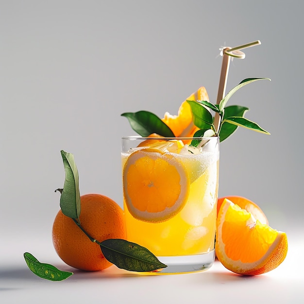 Foto suco de laranja com bastão e fatia de fruto e folhas de laranjeira isolados em fundo branco