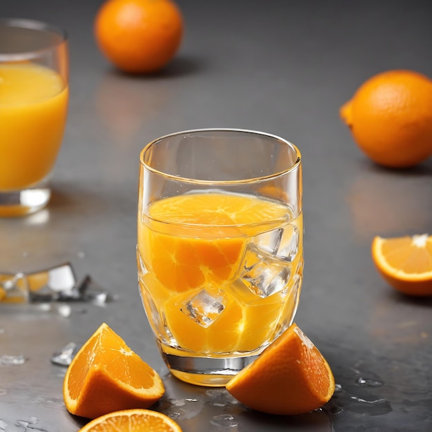 Suco de laranja com gelo e uma laranja Closeup em um fundo cinza Ai Generated