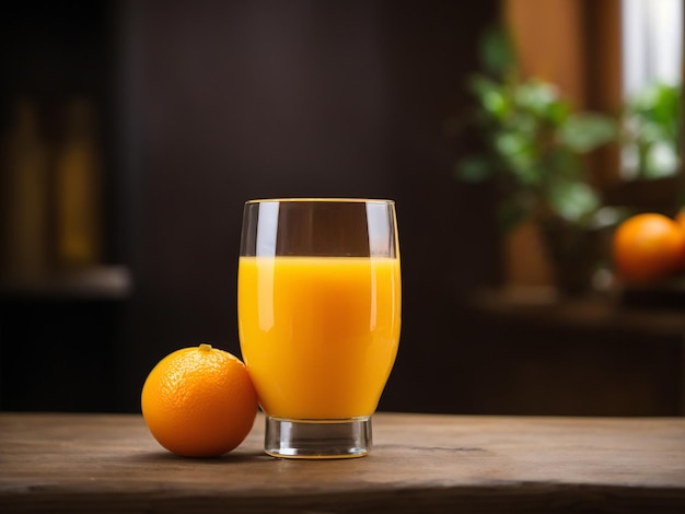Foto suco de laranja com uma fatia de laranjeira