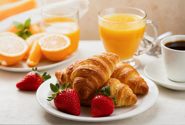 Foto suco de laranja, croissant, café e morangos