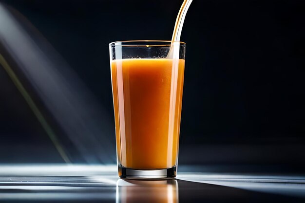 suco de laranja derramado num copo com fundo preto