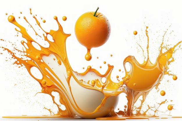 Suco de laranja derramando sobre um fundo branco com sua fruta