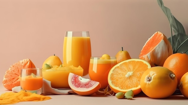 Suco de laranja e frutas tropicais suculentas em um fundo de cor clara Generative Ai