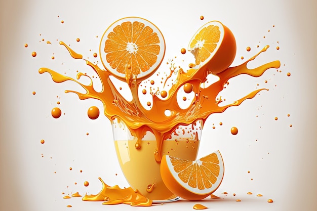 Suco de laranja e laranjas espirrado em um fundo branco