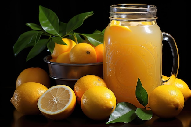 Foto suco de laranja em copo e frasco com fatias de laranja generativo ia