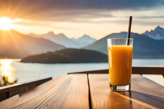 suco de laranja em um copo sobre uma mesa com fundo pôr do sol