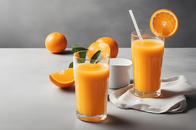Suco de laranja fresco em copo de vidro ao lado de um papel de parede laranja cortado