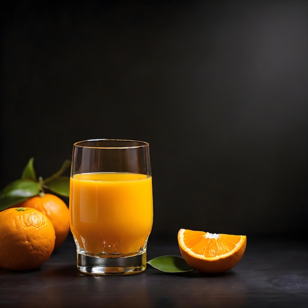 Suco de laranja fresco em um copo contra uma tela escura