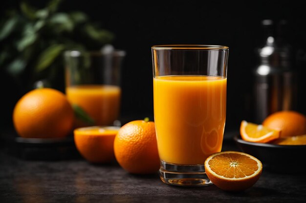 Suco de laranja fresco no copo em fundo escuro