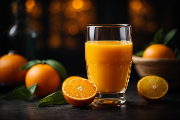 Suco de laranja fresco no copo em fundo escuro