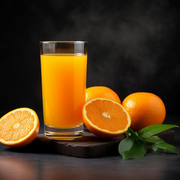 Suco de laranja fresco num copo com fundo escuro