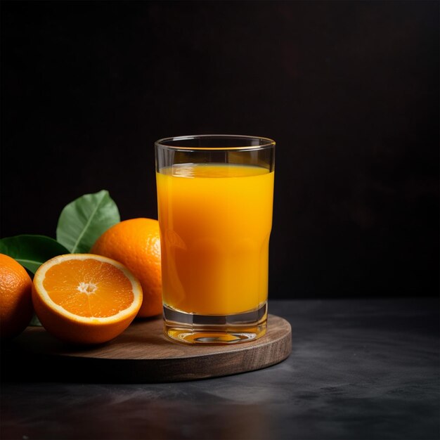 Suco de laranja fresco num copo com fundo escuro