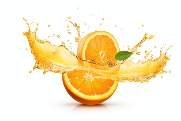 Suco de laranja isolado e frutas espirrando em branco