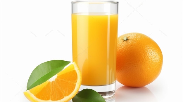 suco de laranja num copo com folhas verdes