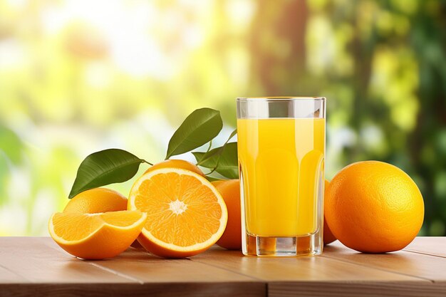 Suco de laranja num copo com uma fatia de limão na borda