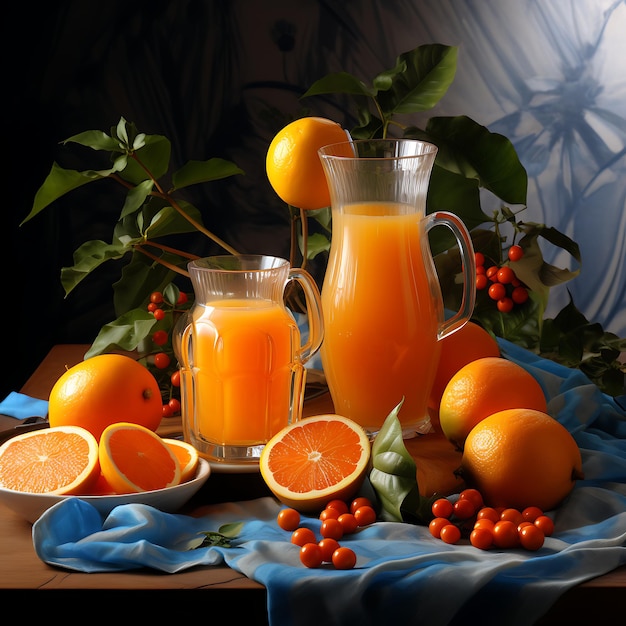 Foto suco de laranja num copo e frutas frescas numa mesa de madeira