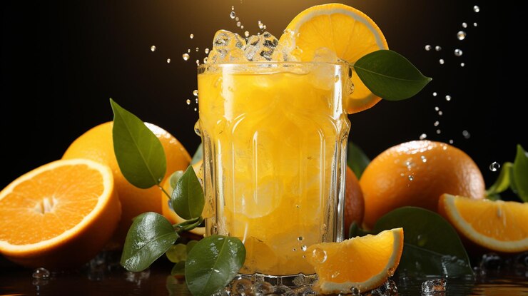 Suco de laranja salpica composição com imagem isolada de vidro inteiro com fatia e salpicos líquidos