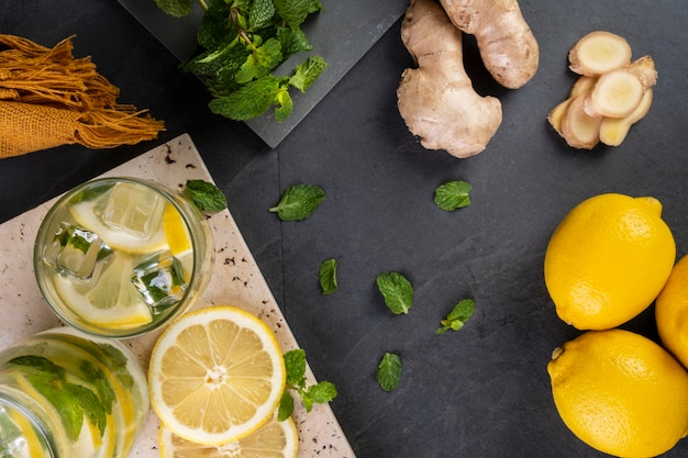 Suco de limão siciliano com água com sabor de gengibre e menta.