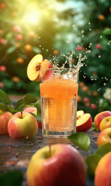 Suco de maçã com salpicos de frutas de maçã no restaurante de fundo de estúdio com jardim