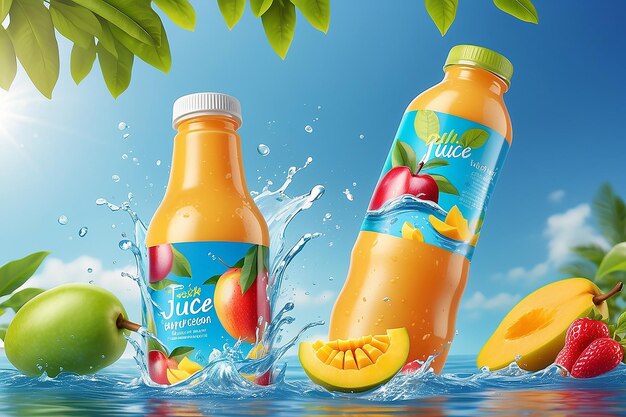 Suco de manga engarrafado com frutas frescas e líquido salpicado em ilustração 3D bokeh fundo azul do céu