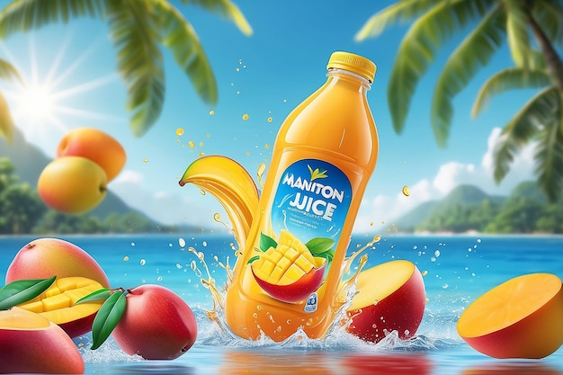 Suco de manga engarrafado com frutas frescas e líquido salpicado em ilustração 3D bokeh fundo azul do céu