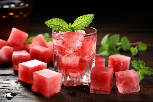 Suco de melancia com cubos de gelo e guarnição de hortelã Suco de Melancia fotografia