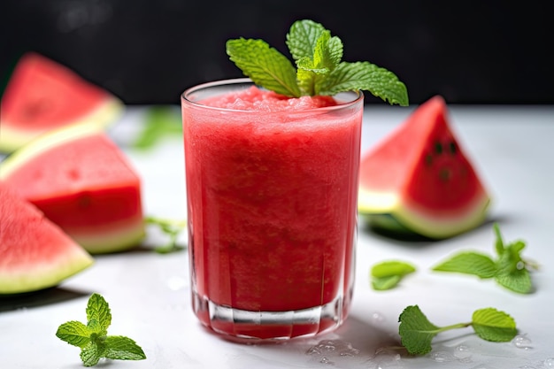 Suco de melancia com hortelã em vidro isolado em fundo branco