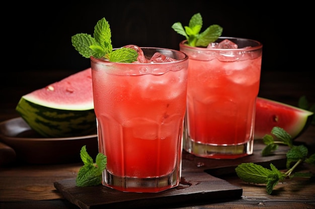 Suco de melancia em copos altos com hortelã fresca Suco de Melancia fotografia