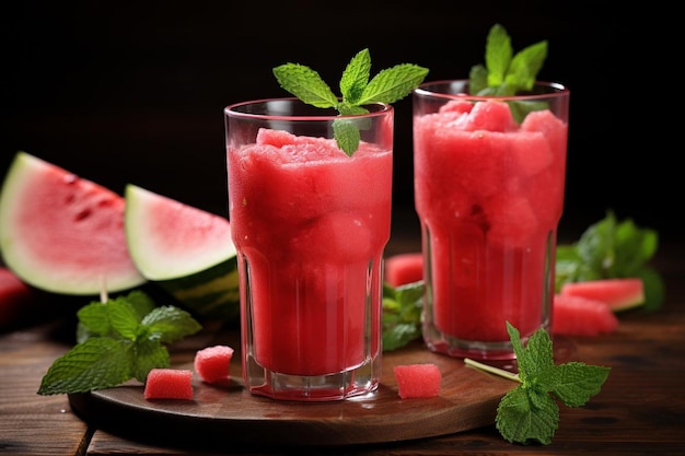 Suco de melancia em copos altos com hortelã fresca Suco de Melancia fotografia