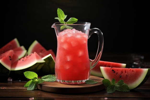 Suco de melancia em jarro com guarnição de hortelã Suco de Melancia fotografia