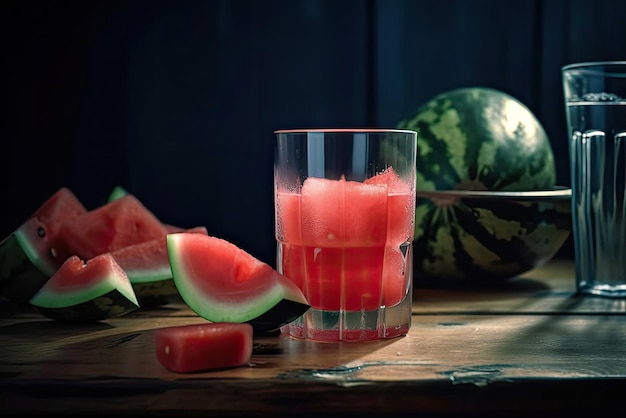 Suco de melancia em um copo com uma fatia de melancia ao lado