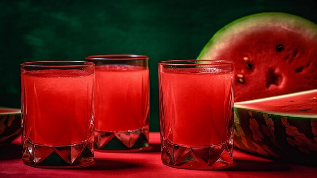 Suco de melancia fresco e natural com hortelã e gelo na tábua com tecnologia de IA generativa