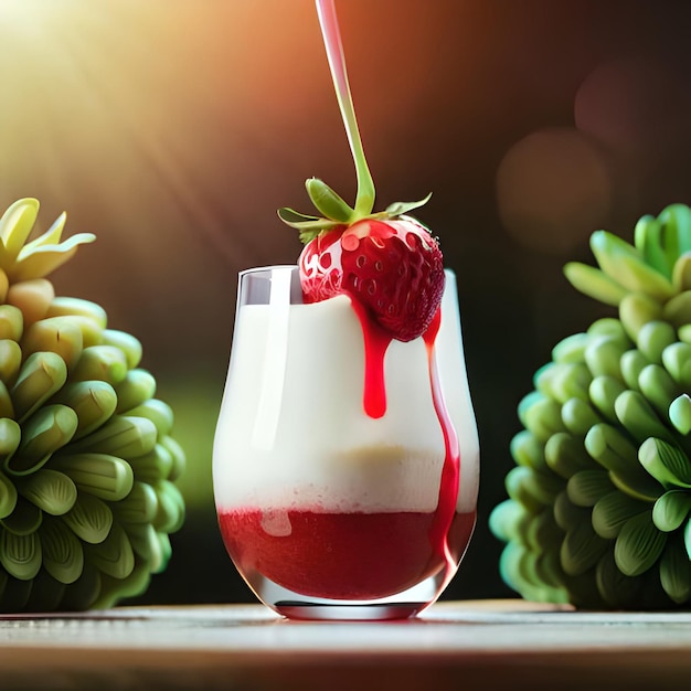 Suco de morango com leite e xícara em cima da mesa