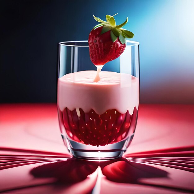 Suco de morango com leite e xícara em cima da mesa