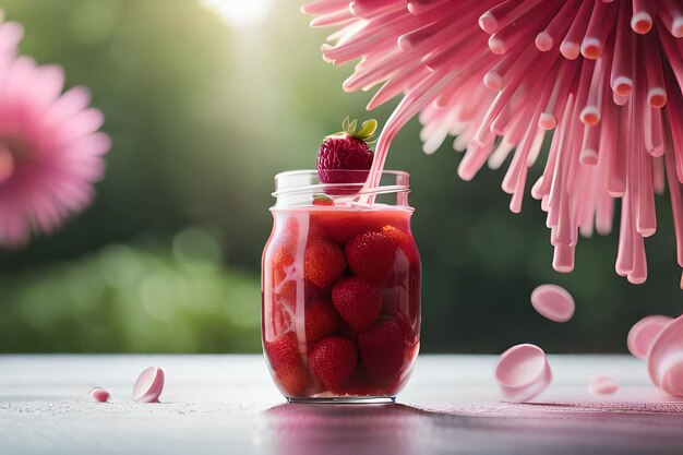 Suco de morango com leite e xícara em cima da mesa