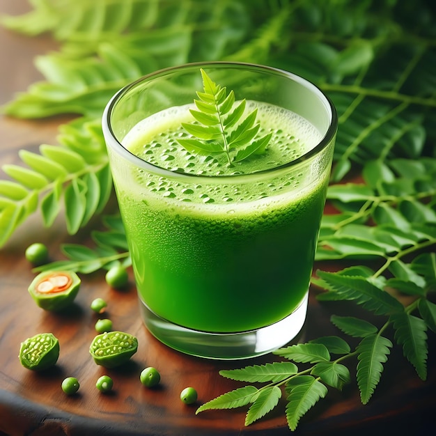 Foto suco de neem de ervas para uma dieta saudável banner de mídia social bem decorado em um copo