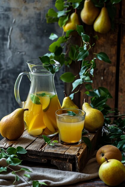 suco de pêra fresco e delicioso e pêras maduras