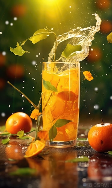 Suco de Physalis com salpicos de cereja moída em restaurante de fundo de estúdio com jardim