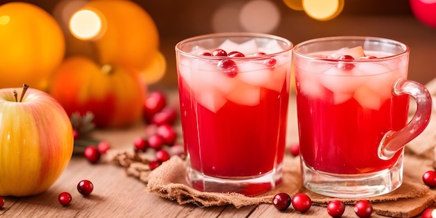 Suco de Punch de Natal de Maçã de Cranberry com luzes bokeh no fundo