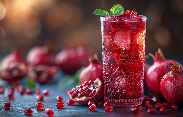 Suco de romã com frutos frescos de romã e cubos de gelo em copo