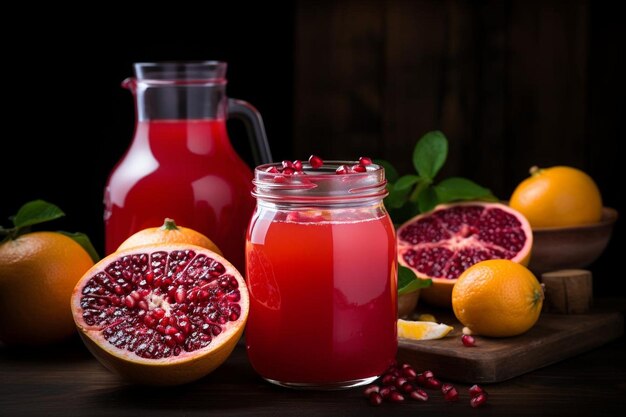 Suco de romã com laranja e abacaxi Fotografia de suco de romão