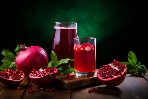 Foto suco de romã servido em um copo de martini sem caule com um toque de limão