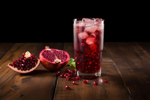 Foto suco de romã servido em um copo de martini sem caule com um toque de limão